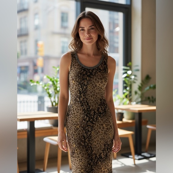 Charlotte Black Brown Gold Leopard Print Silver Embellished Neckline MIDI Dress - Picture 1 of 16